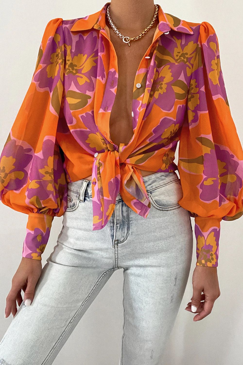 Double Take Flower Print Collared Neck Lantern Sleeve Shirt  - Doll Fits