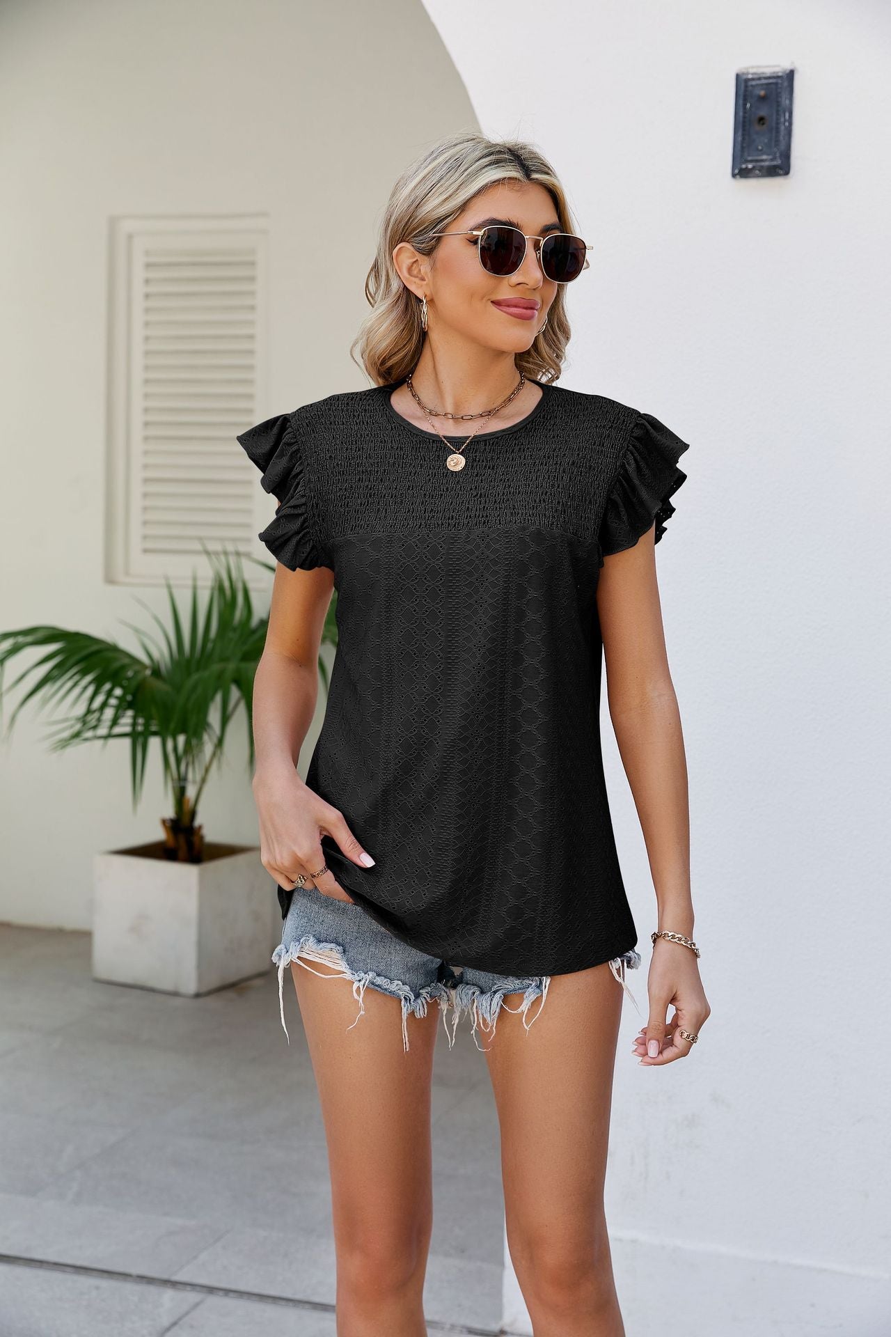 Smocked Round Neck Flutter Sleeve Top  Shirts & Tops- Doll Fits