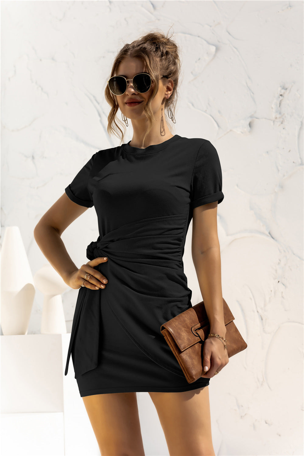 Round Neck Cuffed Sleeve Side Tie Dress  Dresses- Doll Fits