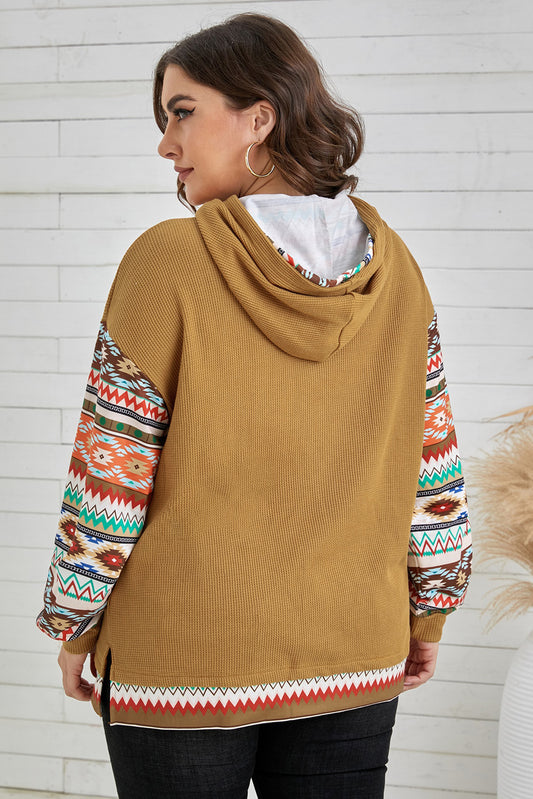 Plus Size Printed Side Slit Waffle-Knit Hoodie  Shirts & Tops- Doll Fits