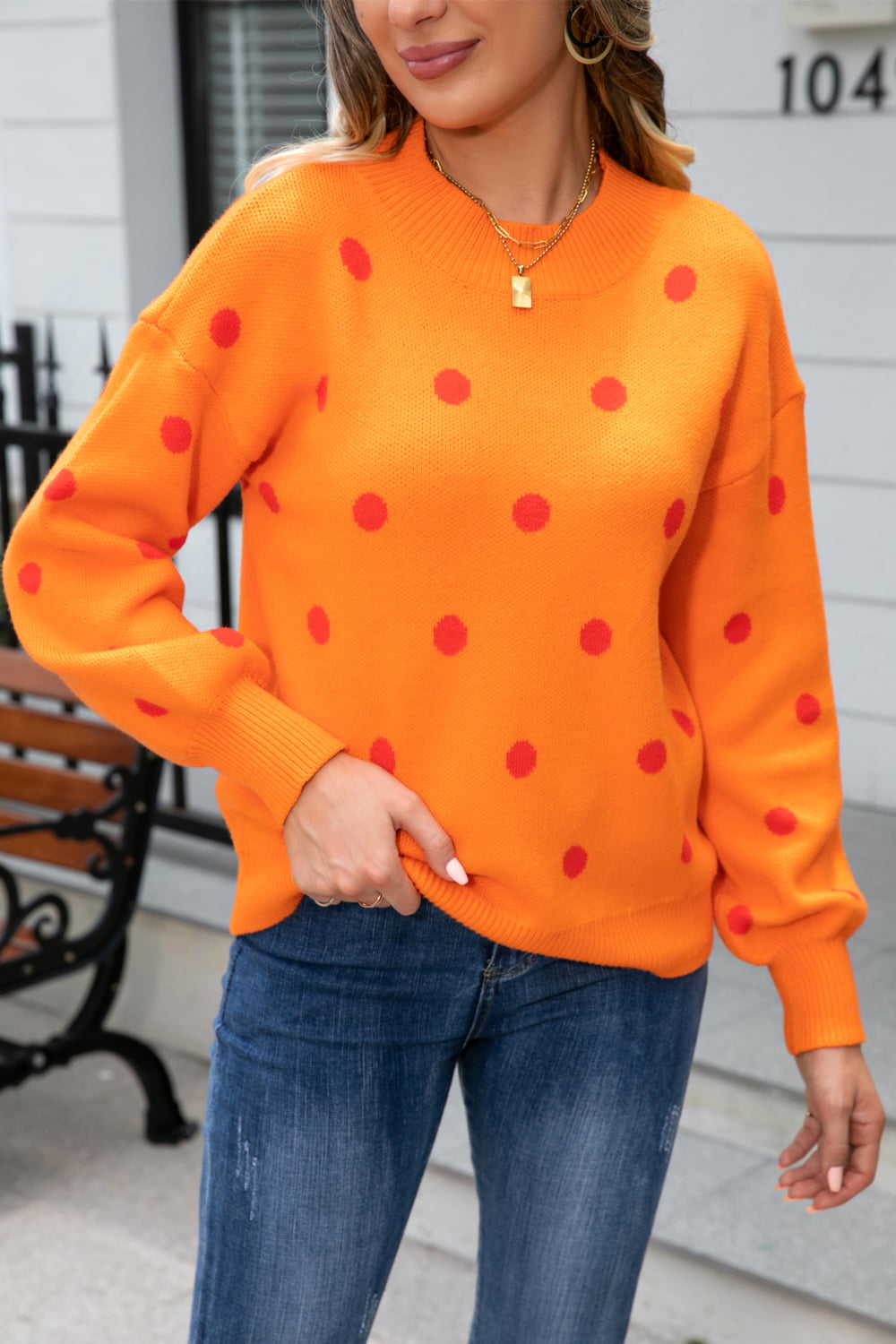 Woven Right Polka Dot Round Neck Dropped Shoulder Sweater  - Doll Fits