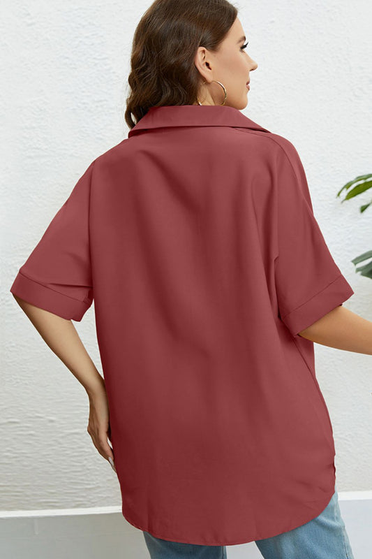 Plus Size Collared Half Sleeve Hem Detail Top  Shirts & Tops- Doll Fits