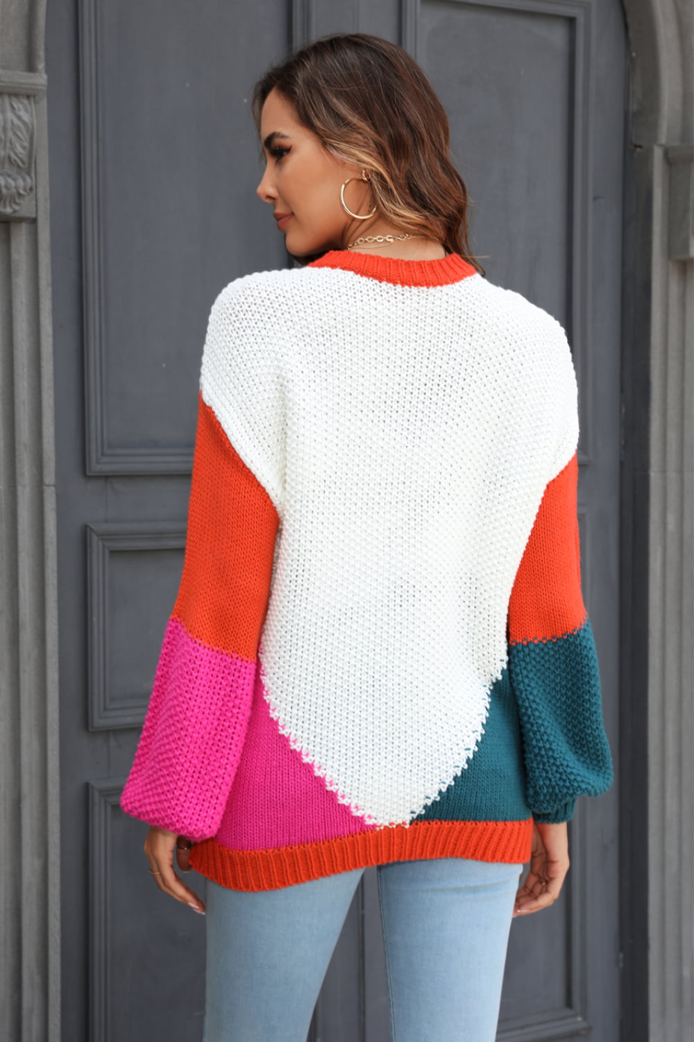 Double Take Color Block Round Neck Drop Shoulder Sweater  - Doll Fits