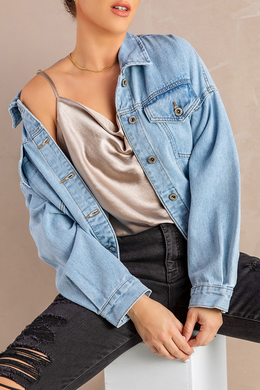 Button Down Dropped Shoulder Denim Jacket  Coats & Jackets- Doll Fits
