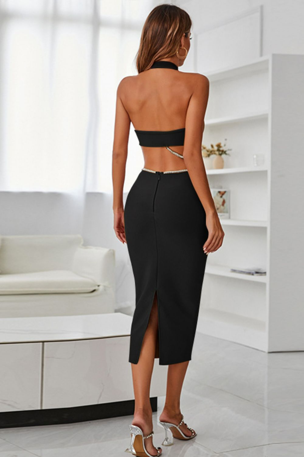 Rhinestone Halter Neck Cutout Slit Midi Dress  Dresses- Doll Fits