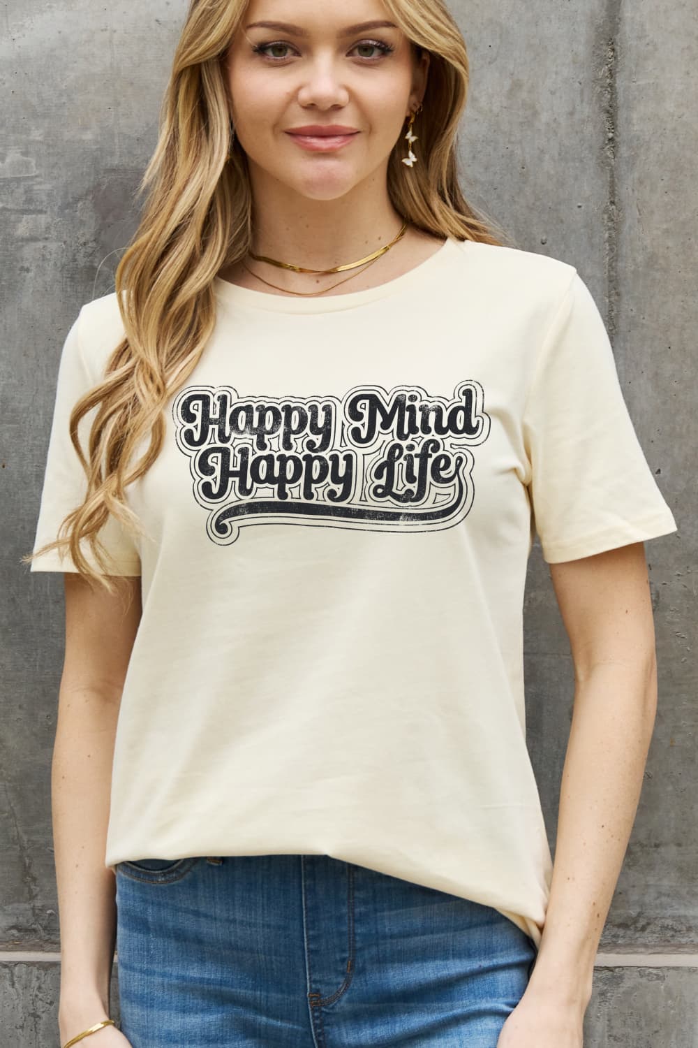 Simply Love Full Size HAPPY MIND HAPPY LIFE Graphic Cotton Tee  - Doll Fits