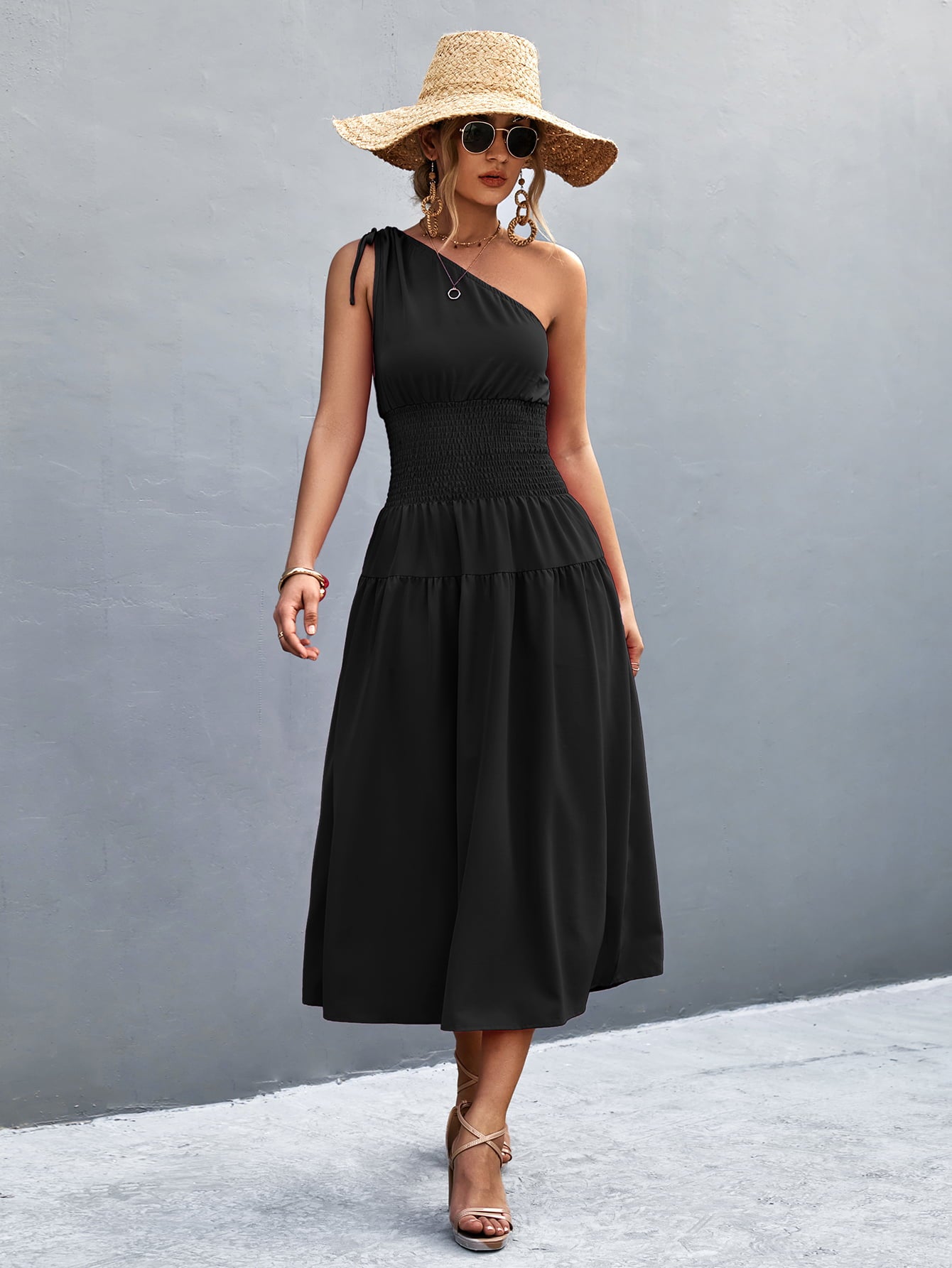 Asymmetrical One Shoulder Smocked Waist Midi Dress  Dresses- Doll Fits