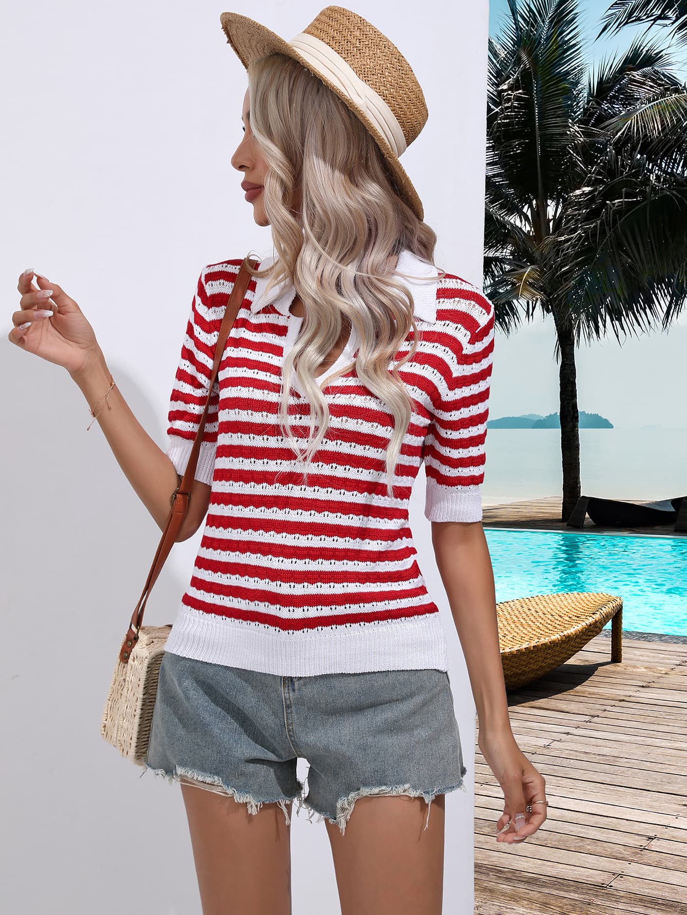 Striped Johnny Collar Half Sleeve Knit Top  Shirts & Tops- Doll Fits