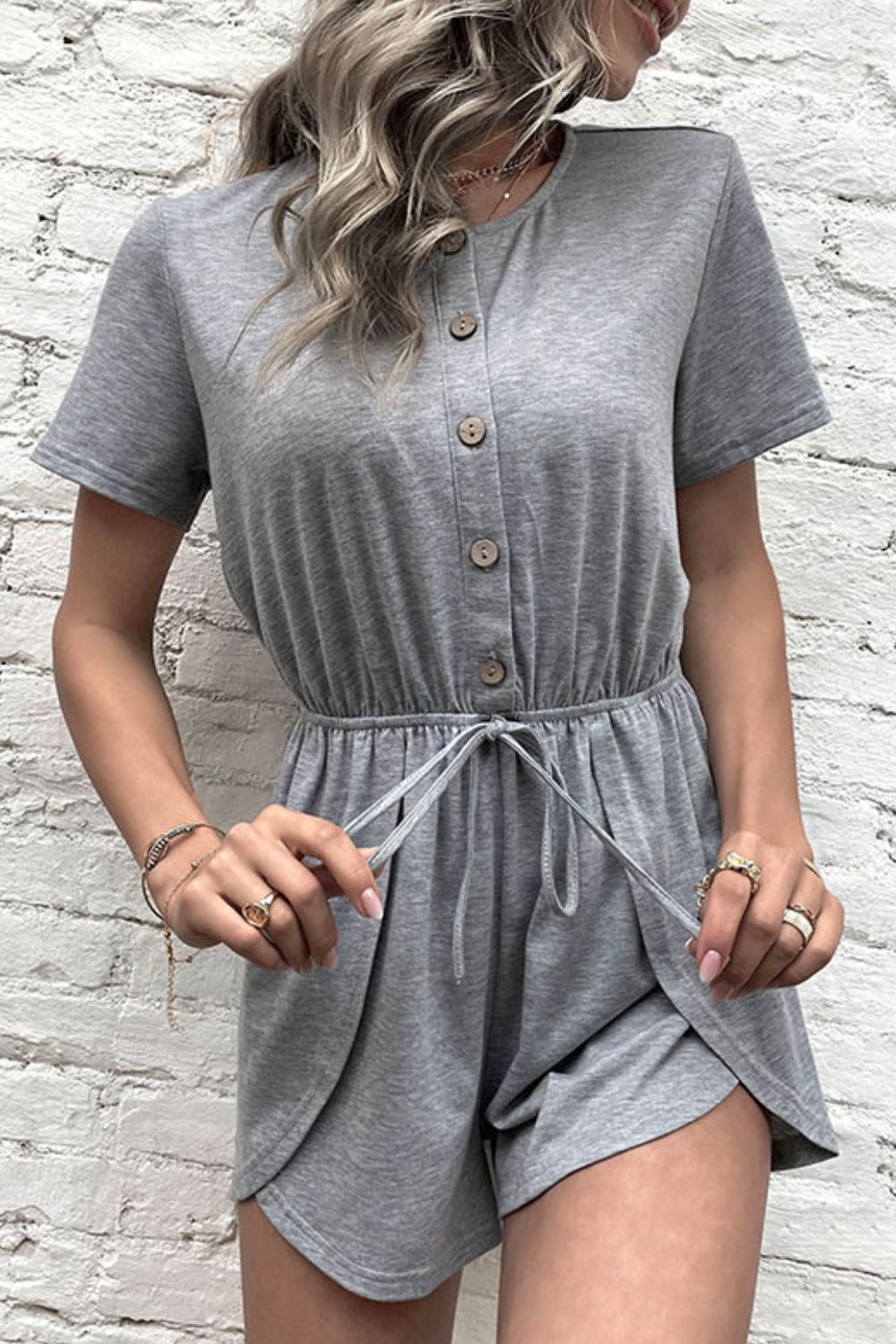 Buttoned Drawstring Round Neck Romper  Jumpsuits & Rompers- Doll Fits