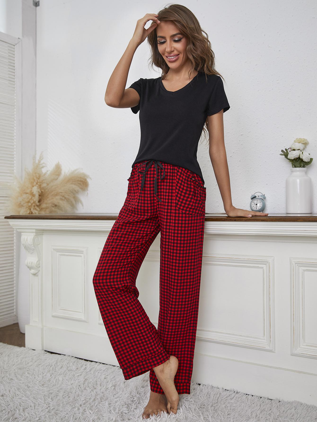 V-Neck Top and Gingham Pants Lounge Set  Sleepwear & Loungewear- Doll Fits