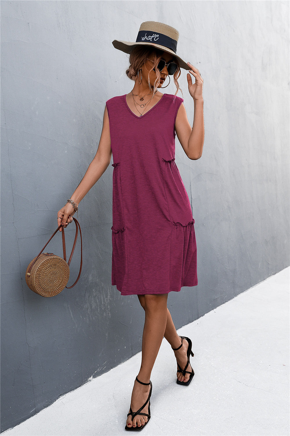 V-Neck Frill Trim Sleeveless Dress  Dresses- Doll Fits