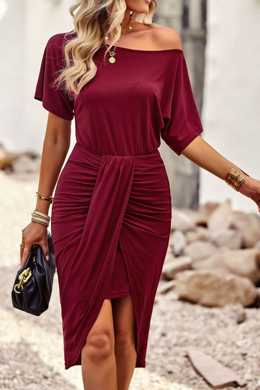 Ribbed Off-Shoulder Tulip Hem Dress  Dresses- Doll Fits