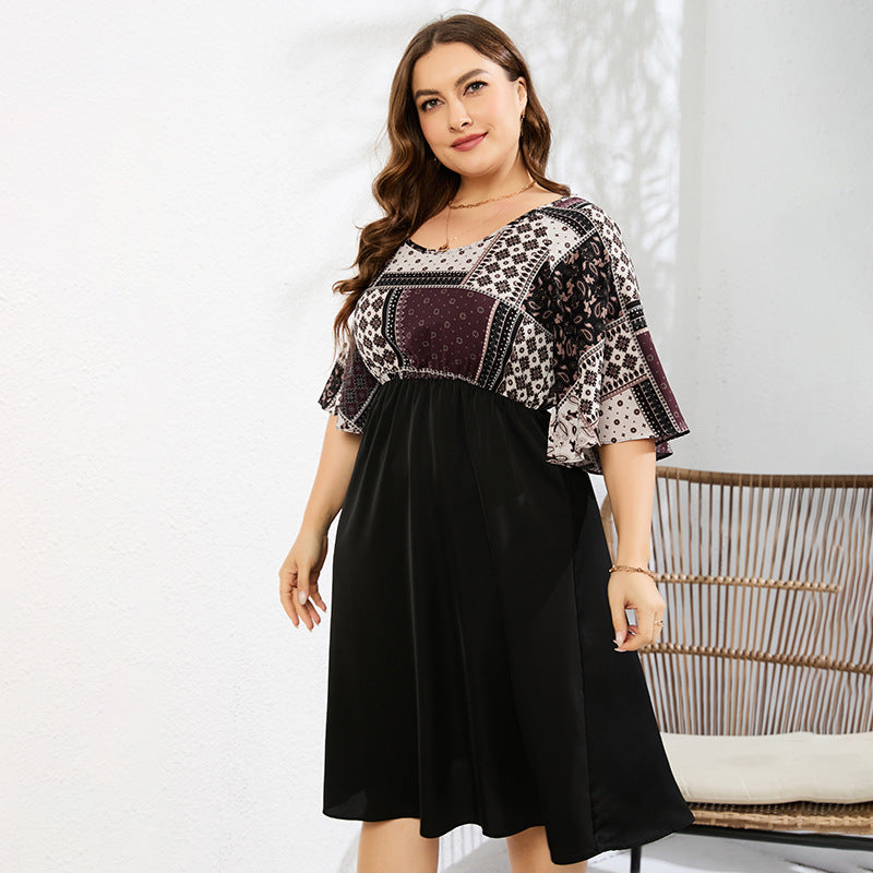 Plus Size Printed Two-Tone Flutter Sleeve Dress  Dresses- Doll Fits