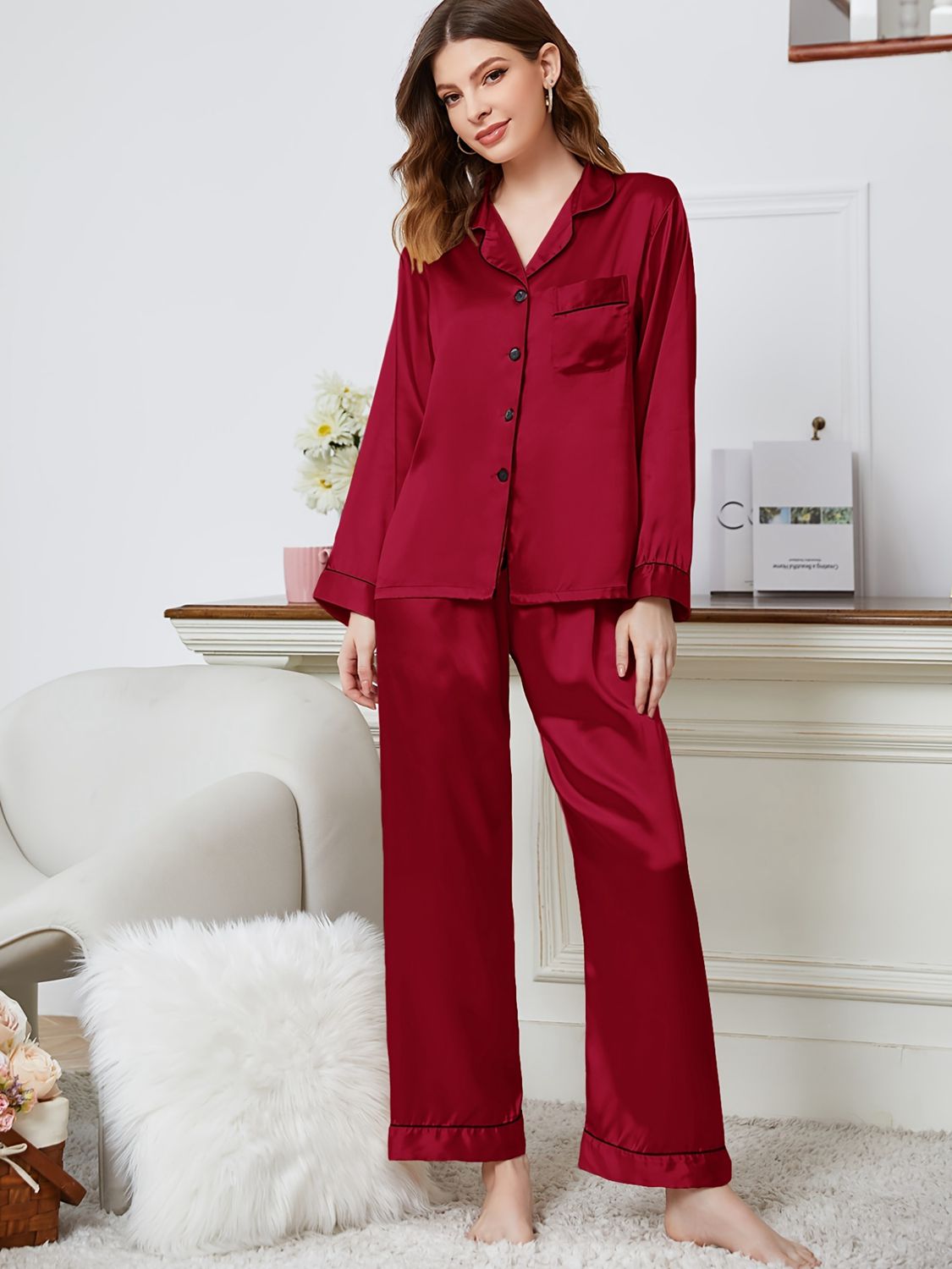 Lapel Collar Long Sleeve Top and Pants Pajama Set  - Doll Fits