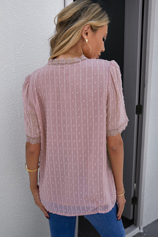 Swiss Dot Lace Trim Plunge Blouse  Shirts & Tops- Doll Fits