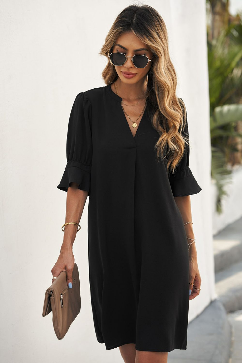 Puff Sleeve Notched Mini Shift Dress  Dresses- Doll Fits