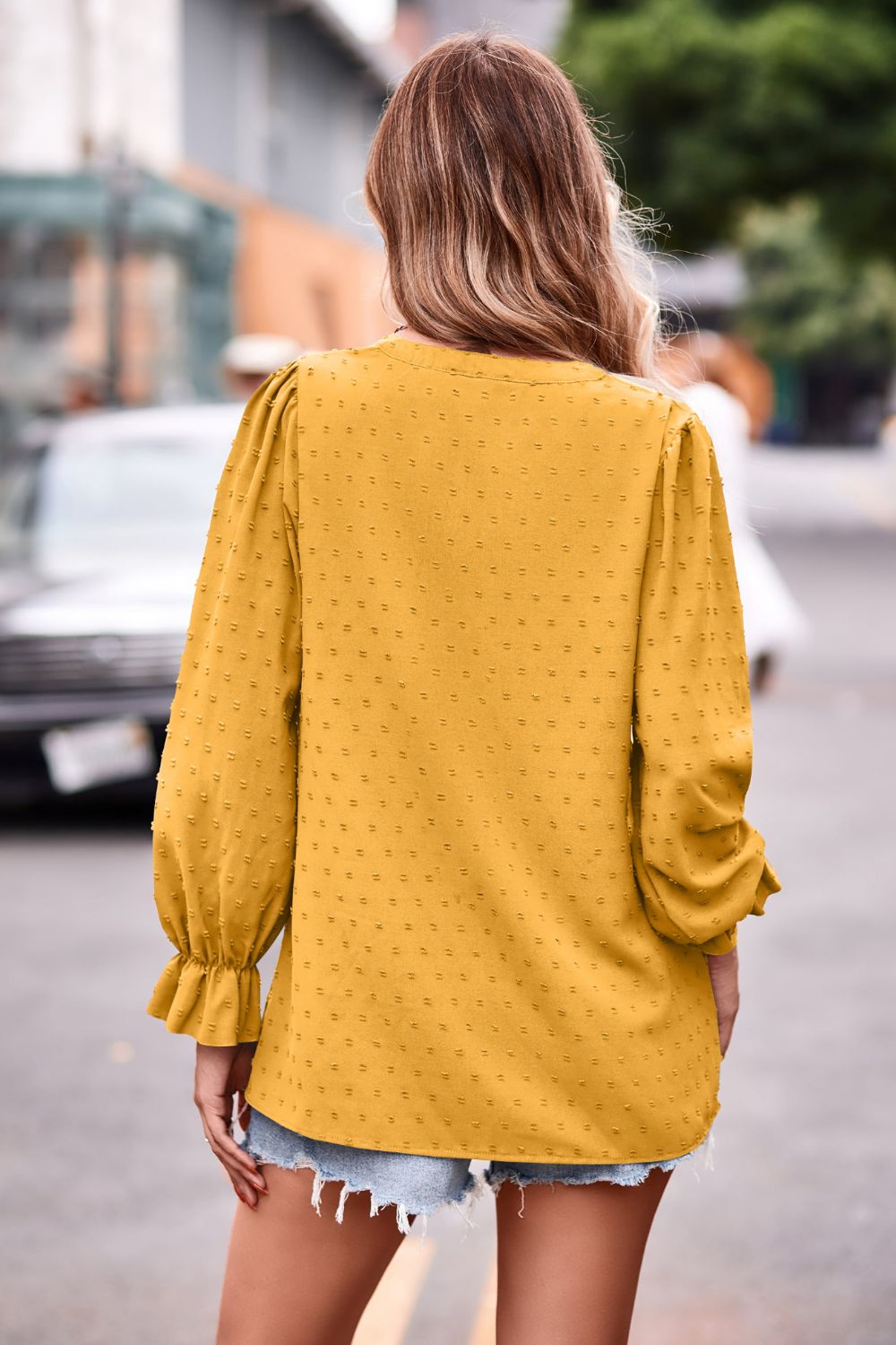 Swiss Dot Notched Neck Flounce Sleeve Blouse  - Doll Fits