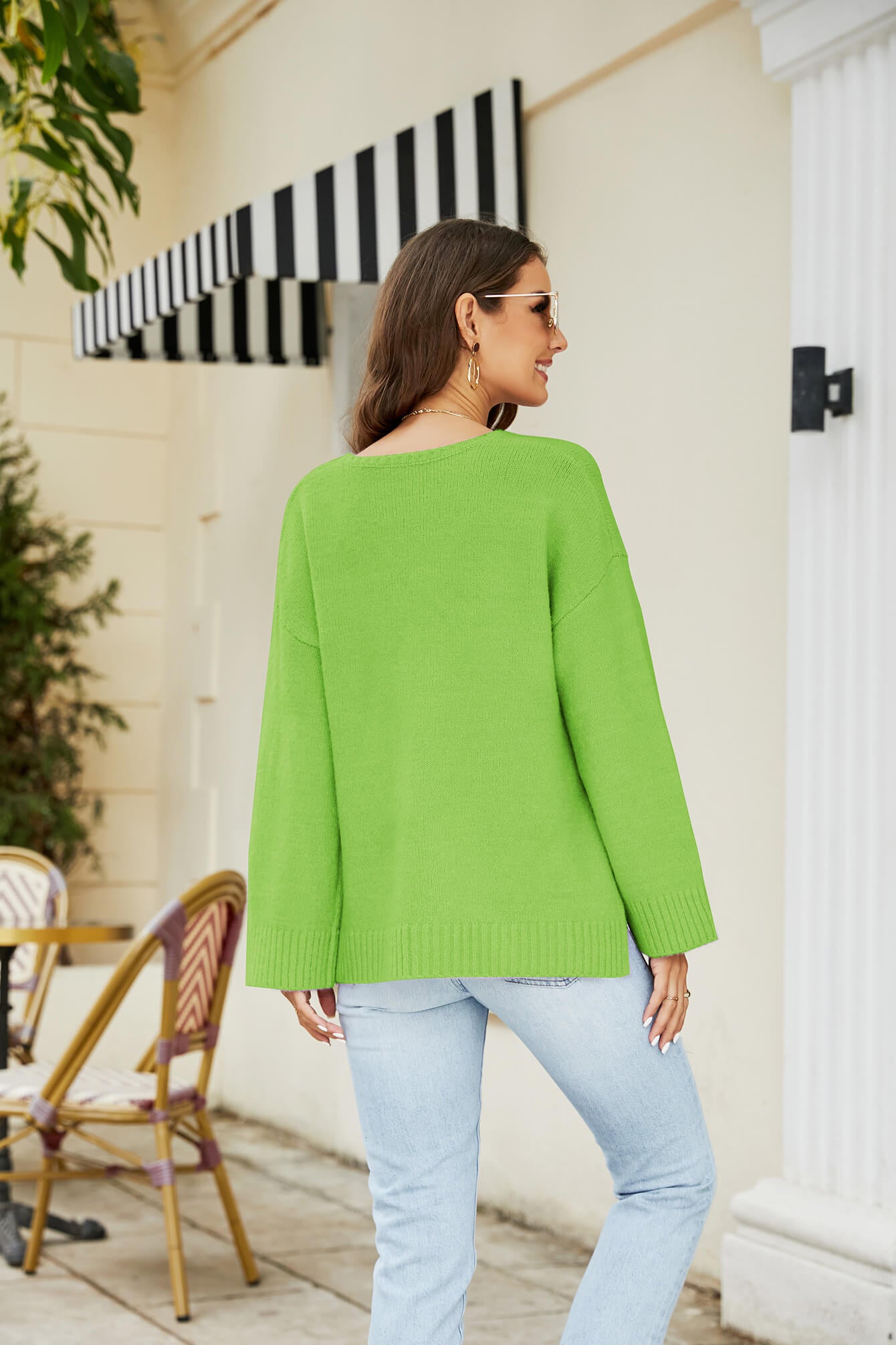 Drop Shoulder V-Neck Knit Pullover  Shirts & Tops- Doll Fits