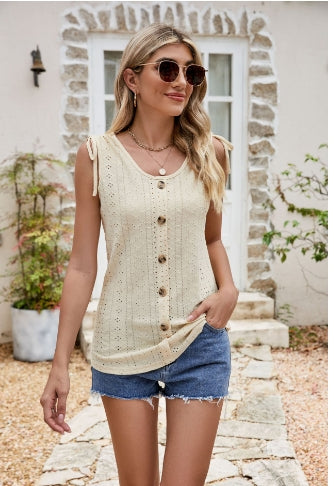 Full Size Decorative Button Eyelet Tied Tank  Shirts & Tops- Doll Fits