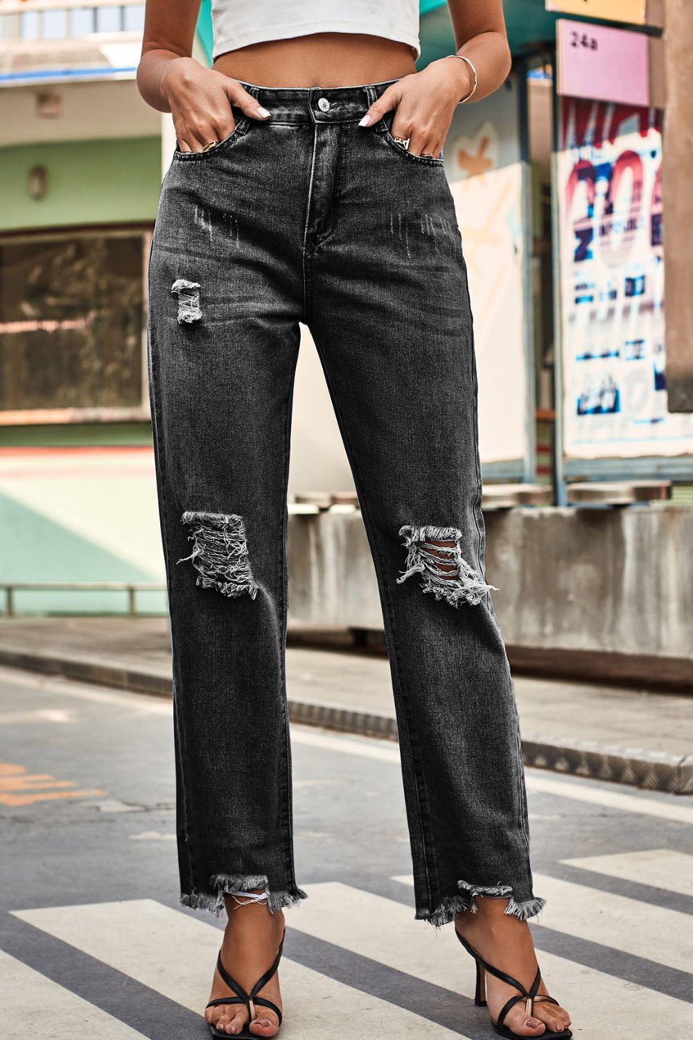 Distresssed Buttoned Loose Fit Jeans  - Doll Fits