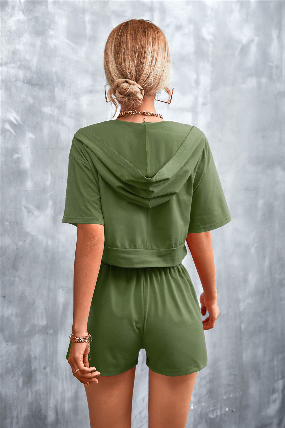 Half Zip Cropped Hooded T-Shirt and Shorts Set  Outfit Sets- Doll Fits