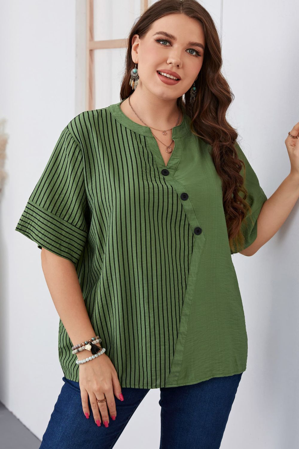 Plus Size Striped Notched Neck Half Sleeve Top  Shirts & Tops- Doll Fits