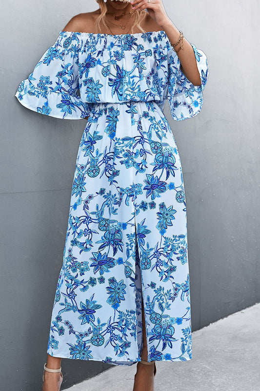 Floral Off-Shoulder Front Split Dress  Dresses- Doll Fits