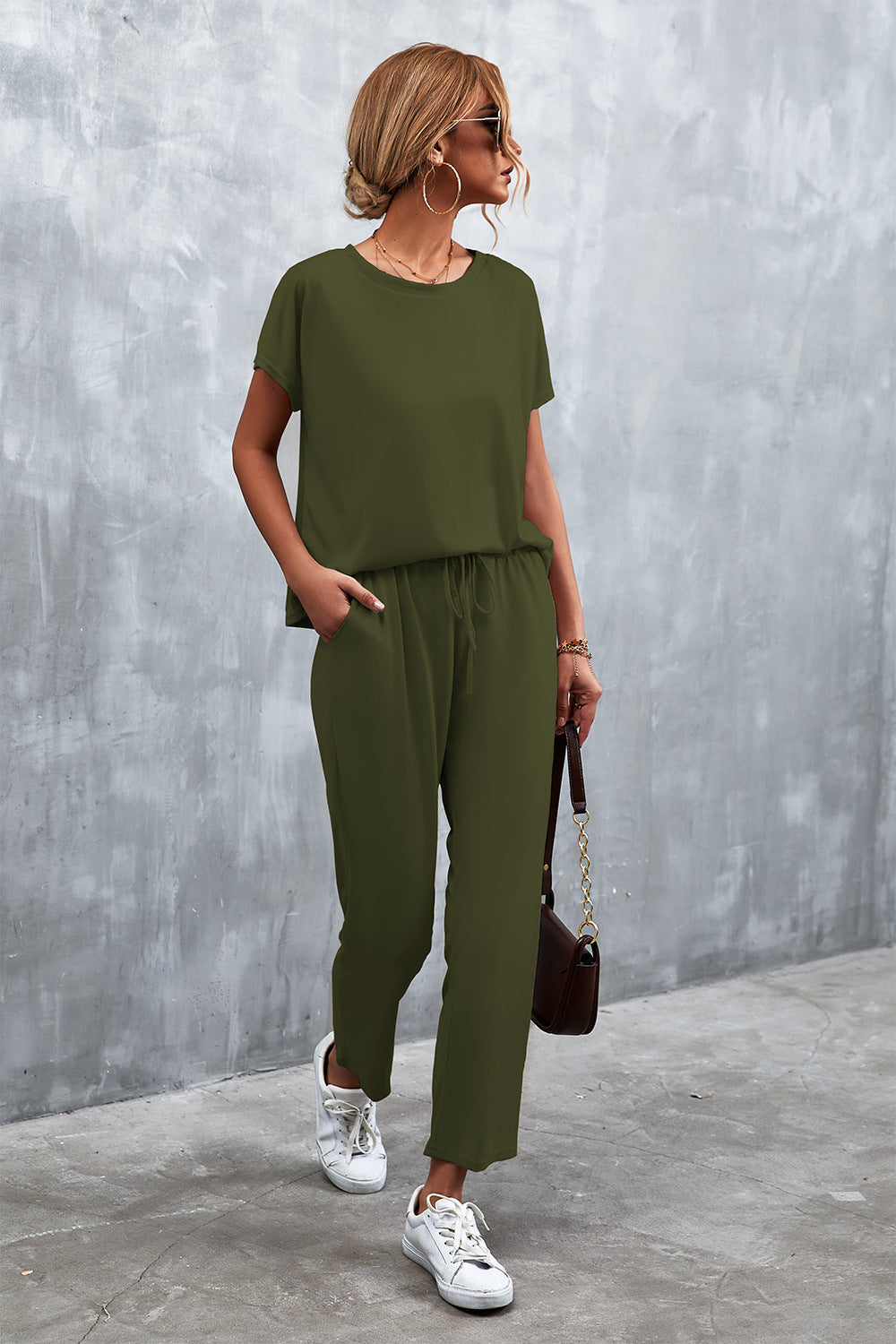 Full Size Round Neck Top and Drawstring Waist Pants Set  Outfit Sets- Doll Fits