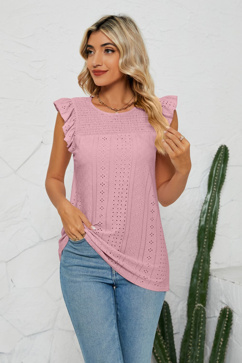 Smocked Round Neck Eyelet Top  Shirts & Tops- Doll Fits