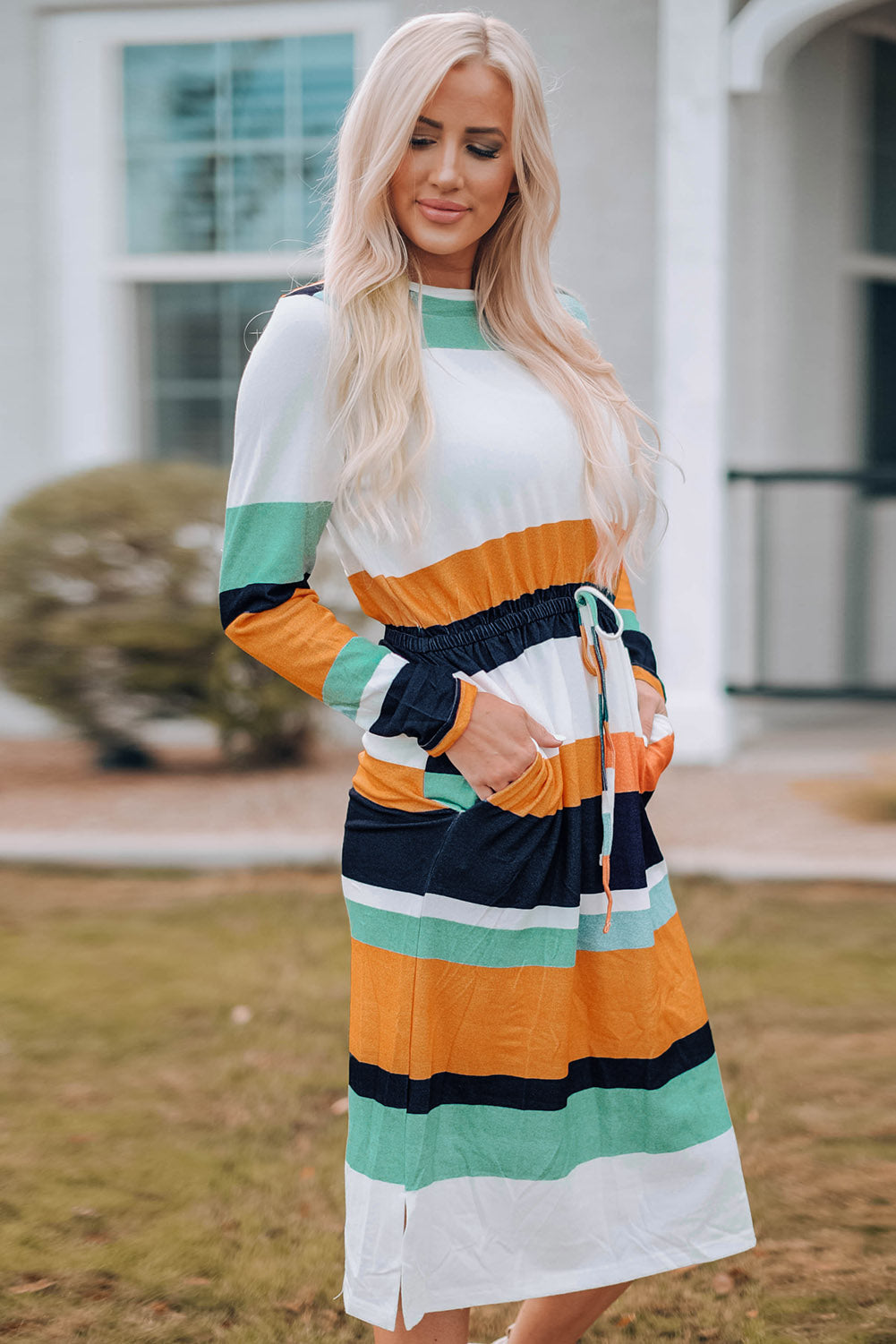 Striped Drawstring Waist Side Slit Midi Dress  Dresses- Doll Fits