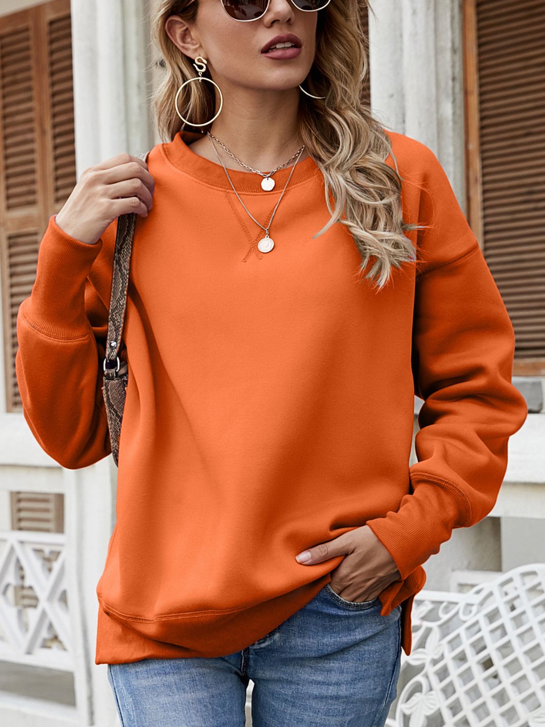 Dropped Shoulder Slit Sweatshirt  - Doll Fits