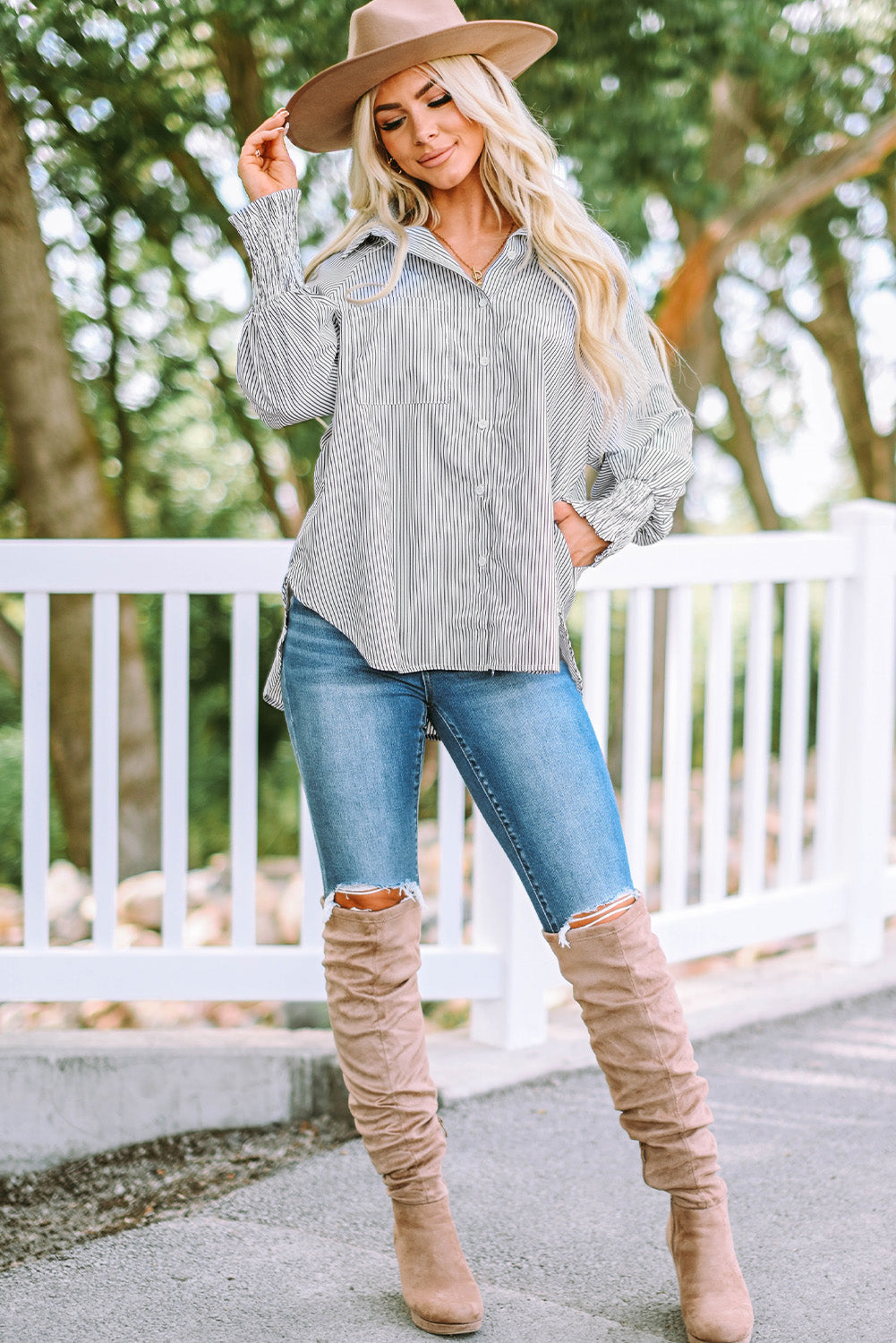 Striped Lantern Sleeve Collared Shirt  Shirts & Tops- Doll Fits