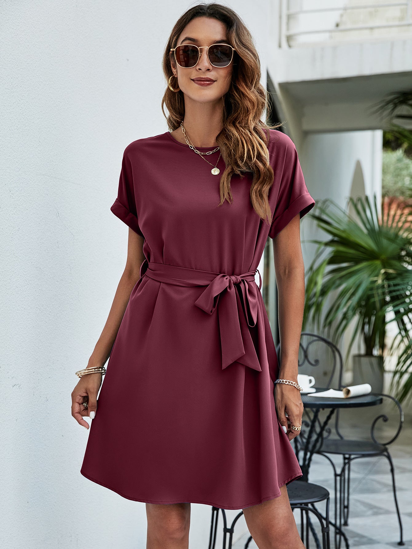 Belted Round Neck Curved Hem Dress  Dresses- Doll Fits