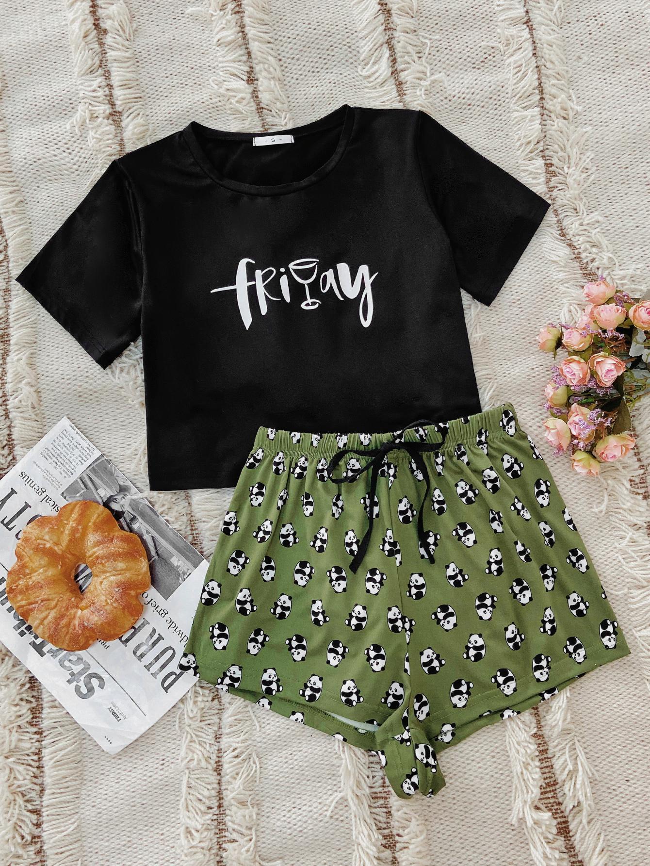 Graphic Tee and Panda Print Shorts Lounge Set  Sleepwear & Loungewear- Doll Fits