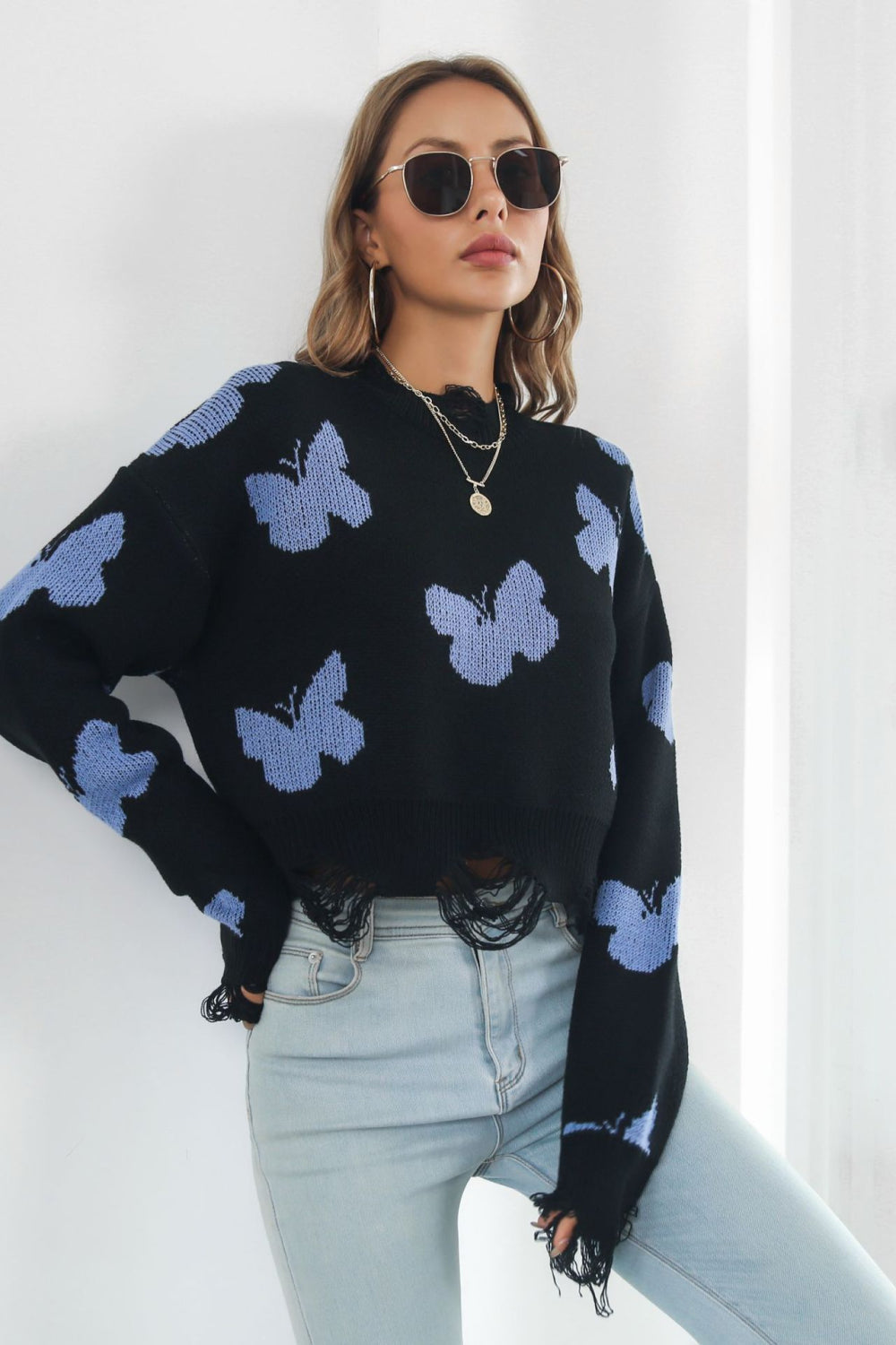 Printed Round Neck Ribbed Long Sleeve Sweater  - Doll Fits