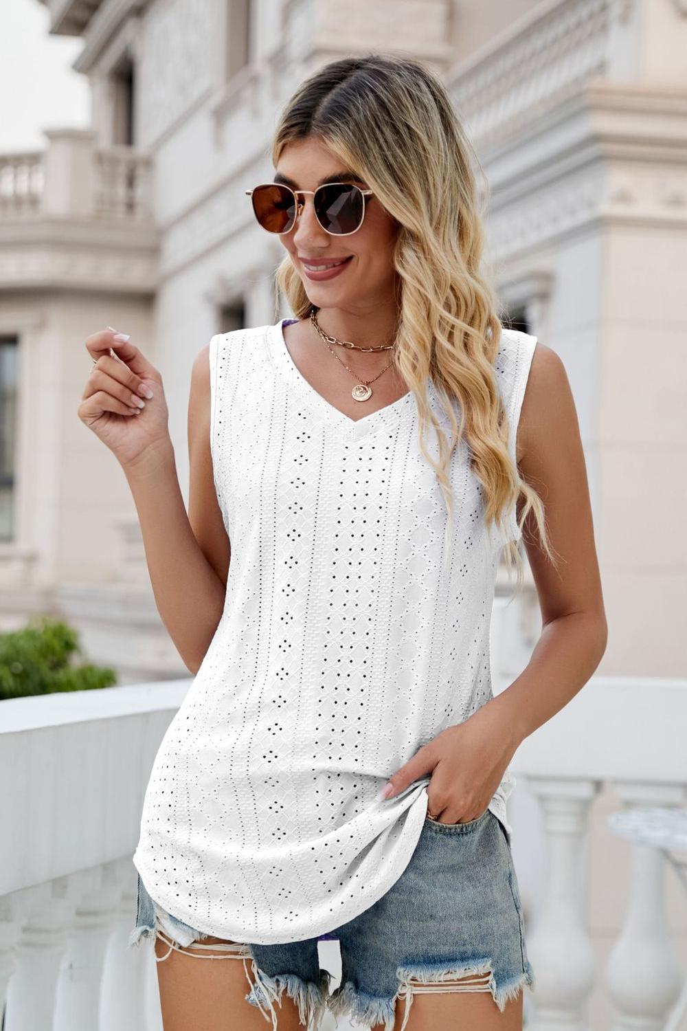 Eyelet V-Neck Tank  Shirts & Tops- Doll Fits