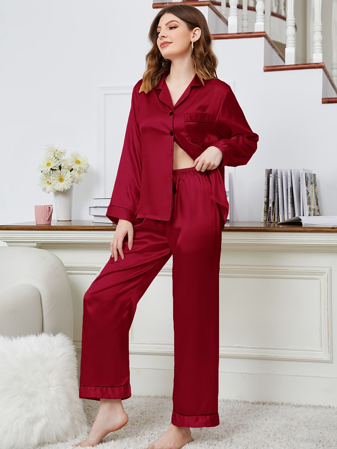 Lapel Collar Long Sleeve Top and Pants Pajama Set  - Doll Fits