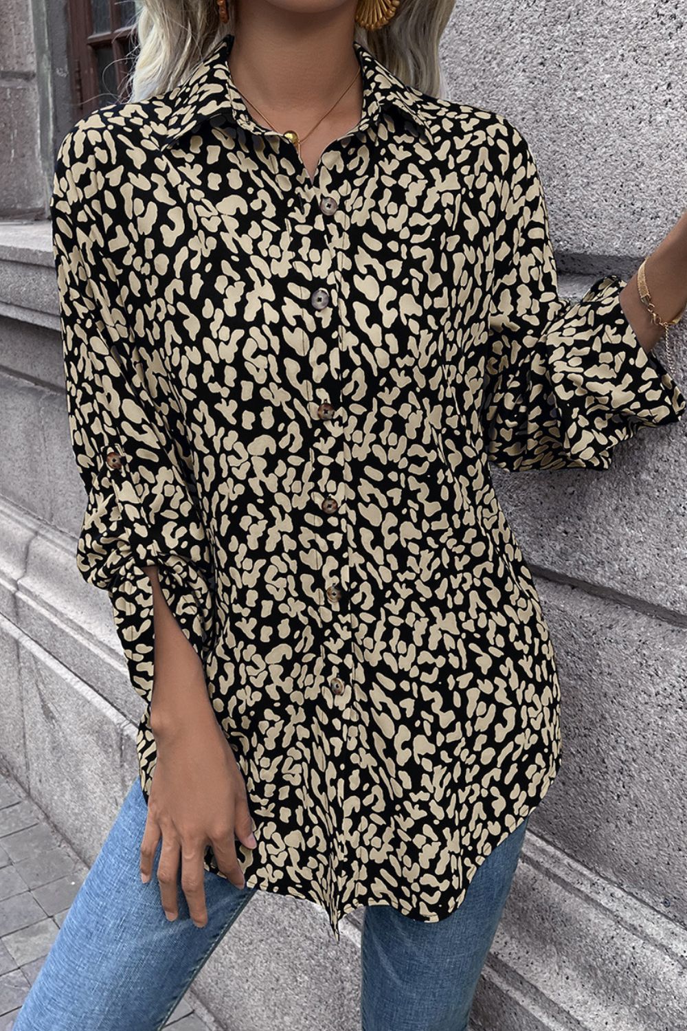 Double Take Leopard Roll-Tap Sleeve Shirt  - Doll Fits