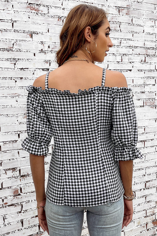 Plaid Buttoned Sweetheart Neck Cold-Shoulder Top  Shirts & Tops- Doll Fits