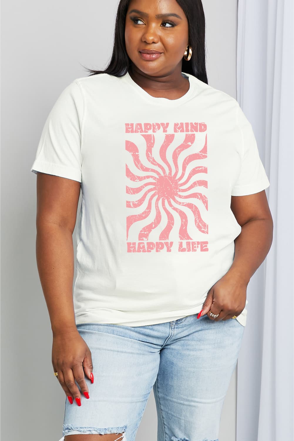 Simply Love Full Size HAPPY MIND HAPPY LIFE Graphic Cotton Tee  Shirts & Tops- Doll Fits