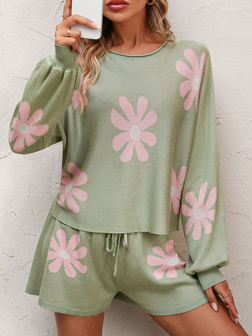 Floral Print Raglan Sleeve Knit Top and Tie Front Sweater Shorts Set  Outfit Sets- Doll Fits