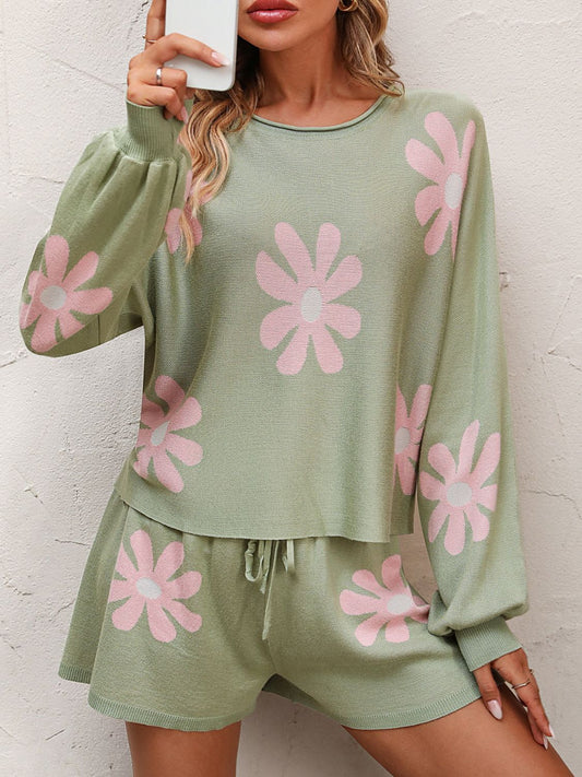 Floral Print Raglan Sleeve Knit Top and Tie Front Sweater Shorts Set  Outfit Sets- Doll Fits