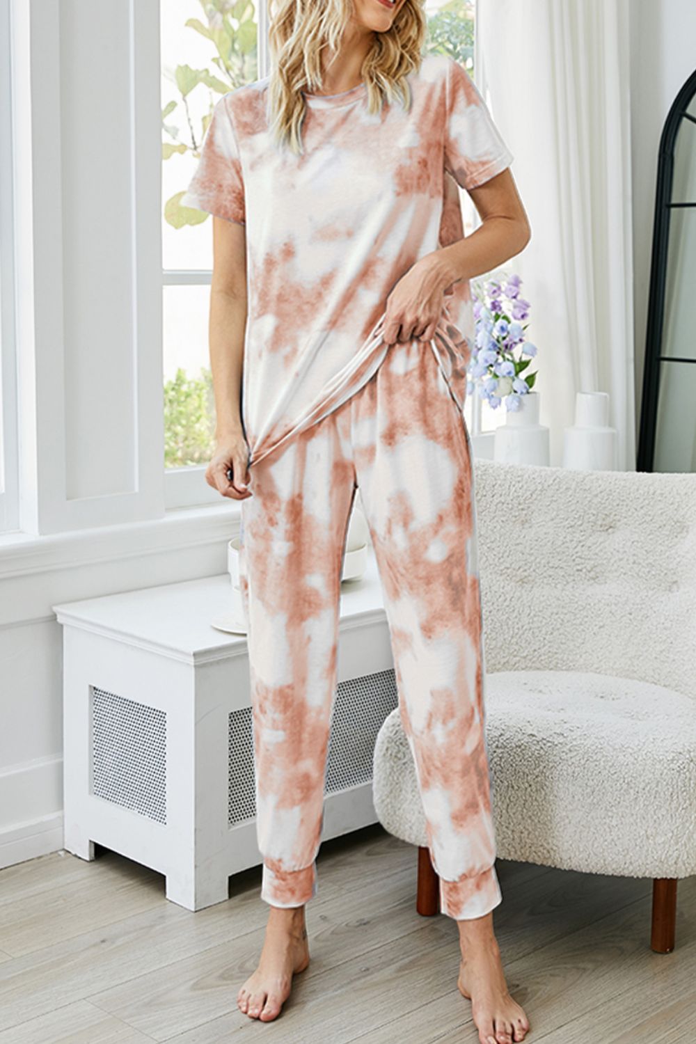Tie-Dye Round Neck Short Sleeve Top and Pants Lounge Set  Outfit Sets- Doll Fits