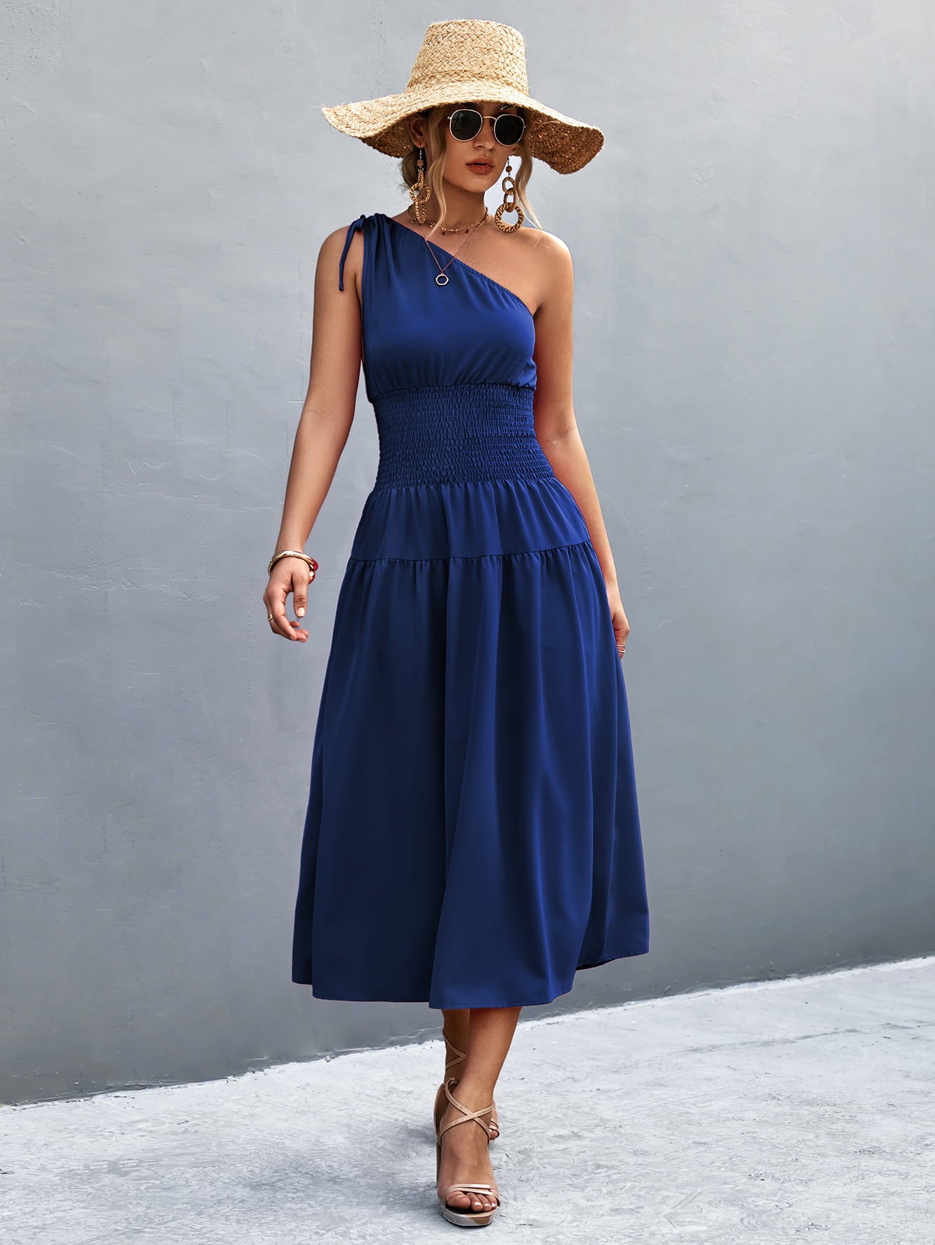 Asymmetrical One Shoulder Smocked Waist Midi Dress  Dresses- Doll Fits