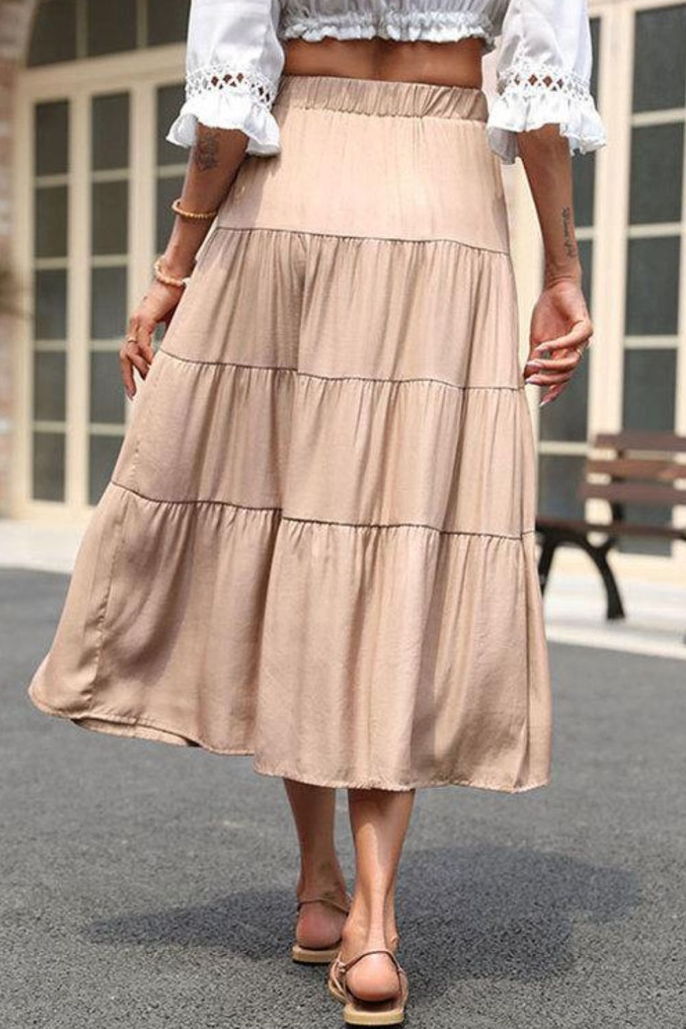Elastic Waist Tiered Midi Skirt  Skirts- Doll Fits