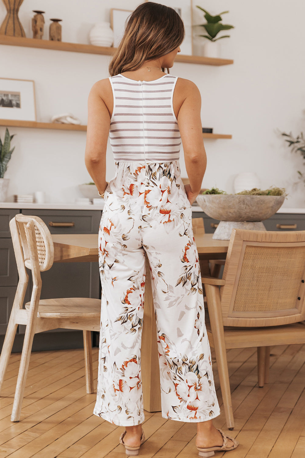 Striped Floral Sleeveless Wide Leg Jumpsuit with Pockets  Jumpsuits & Rompers- Doll Fits