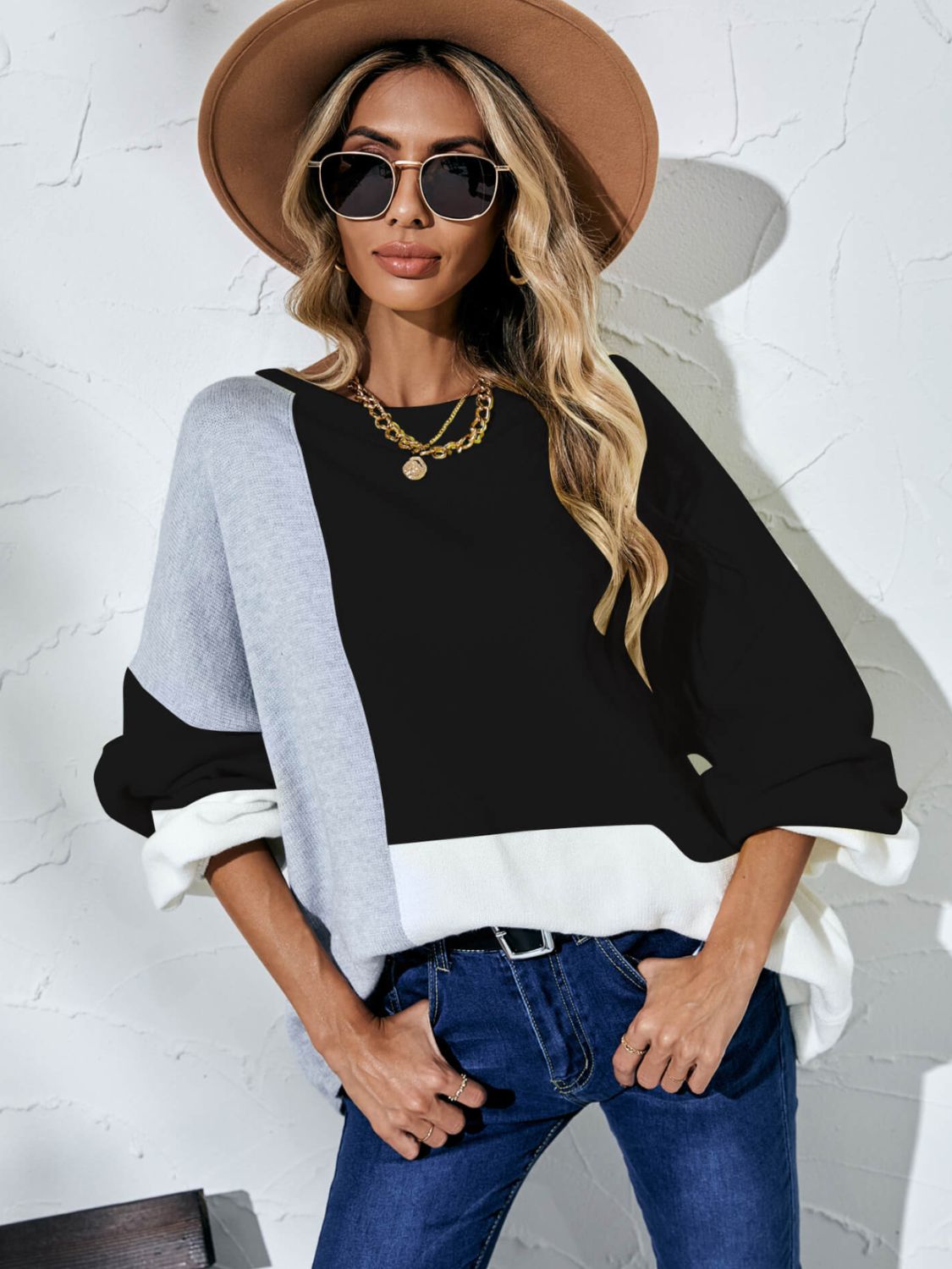 Color Block Balloon Sleeve Boat Neck Sweater  Shirts & Tops- Doll Fits