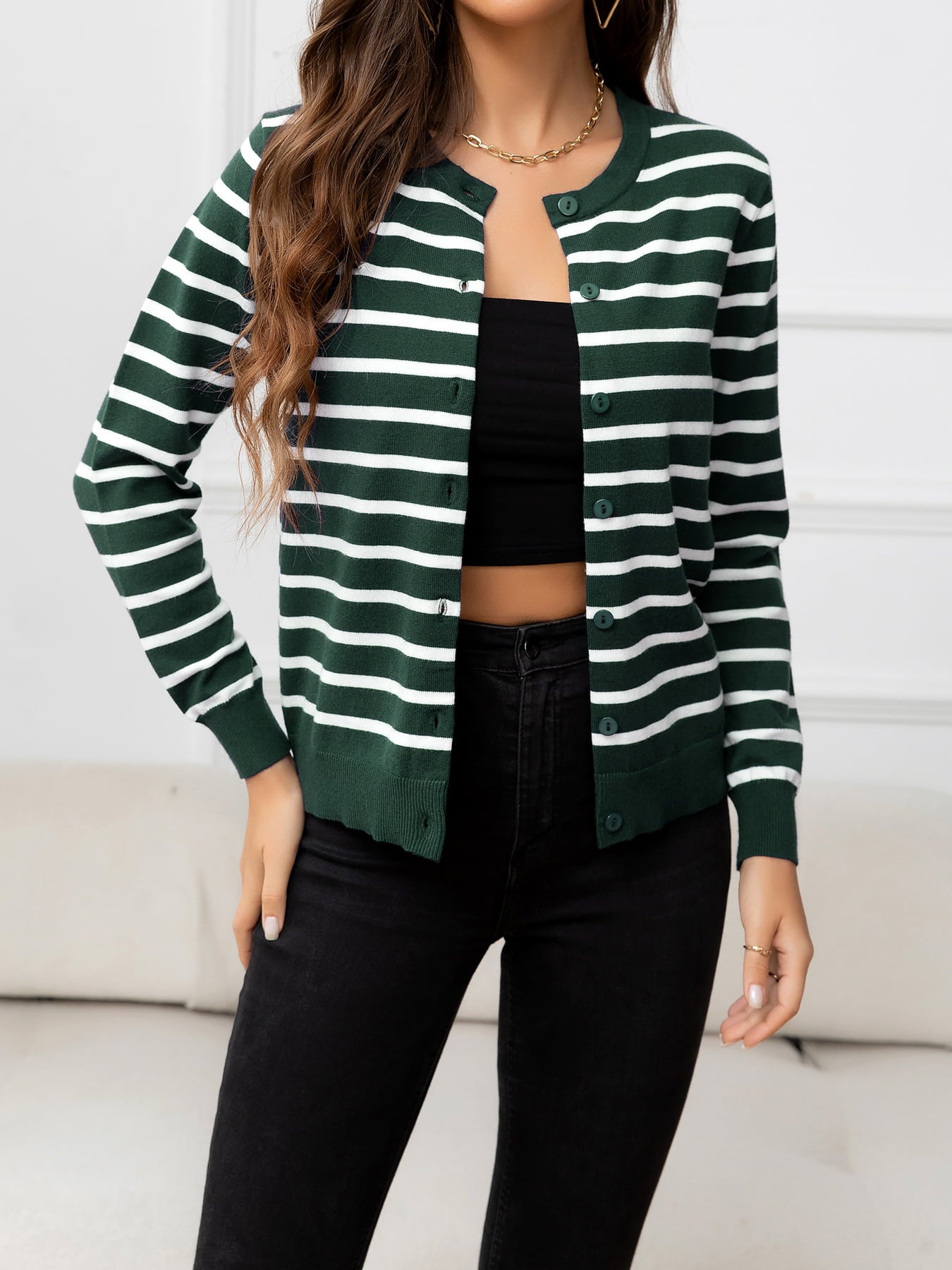Striped Round Neck Long Sleeve Buttoned Knit Top  Shirts & Tops- Doll Fits