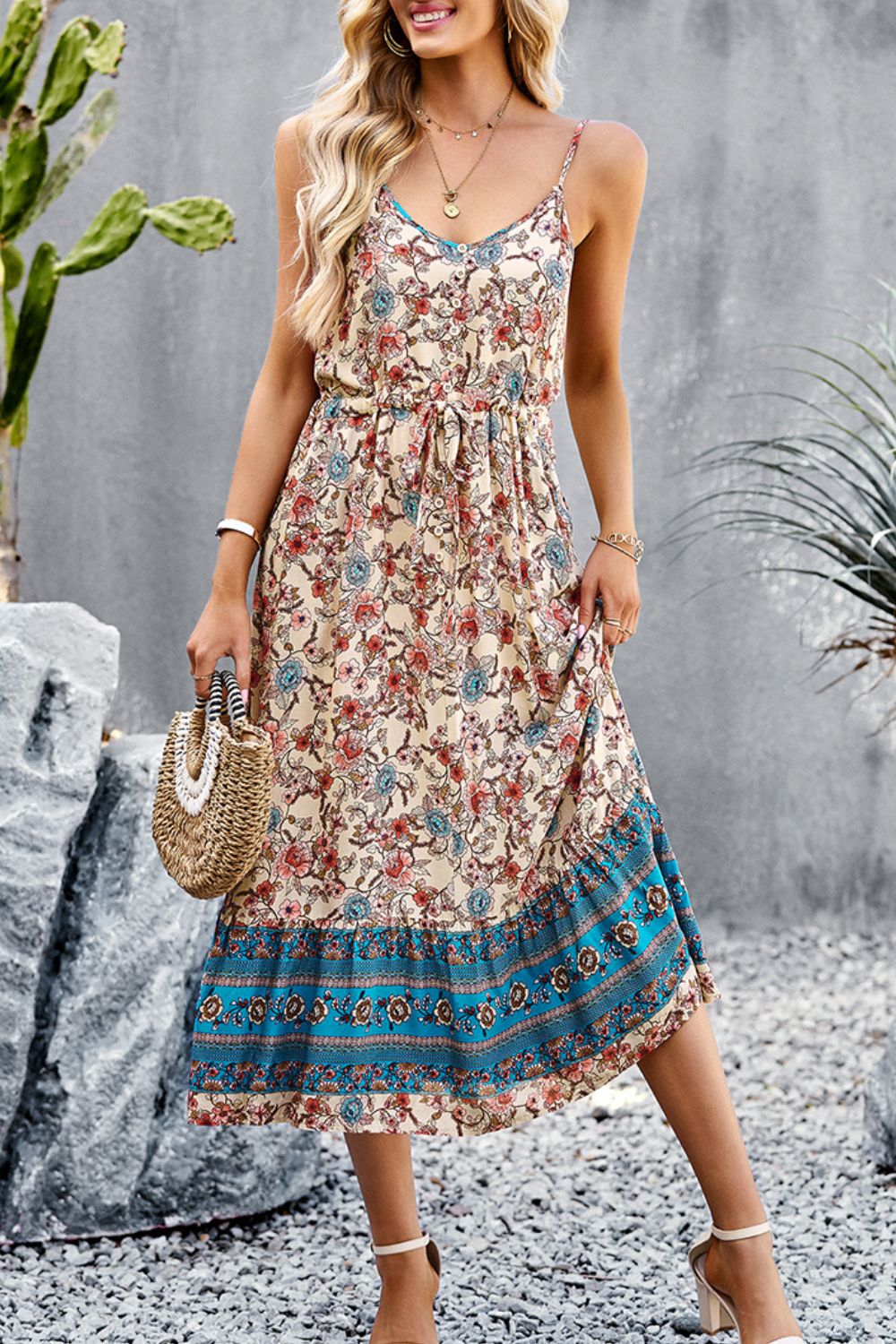 Bohemian Spaghetti Strap Drawstring Slit Dress  Dresses- Doll Fits