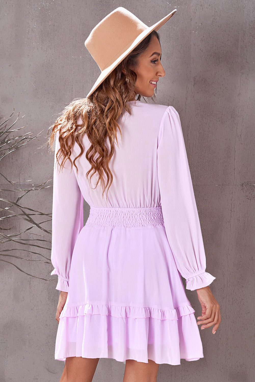 Tied Plunge Smocked Waist Flounce Sleeve Dress  Dresses- Doll Fits
